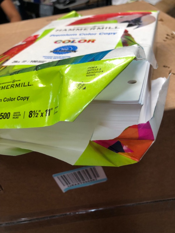 Photo 2 of Hammermill Printer Paper, Premium Color 28 lb Copy Paper, 3 Hole - 4 Ream (2000 Sheets) *** previously opened*** maybe missing some paper*** some package damage***