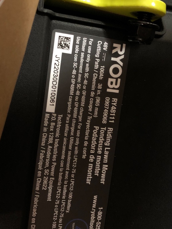 Photo 1 of RYOBI 48V Brushless 38 in. 100 Ah Battery Electric Rear Engine Riding Lawn Mower