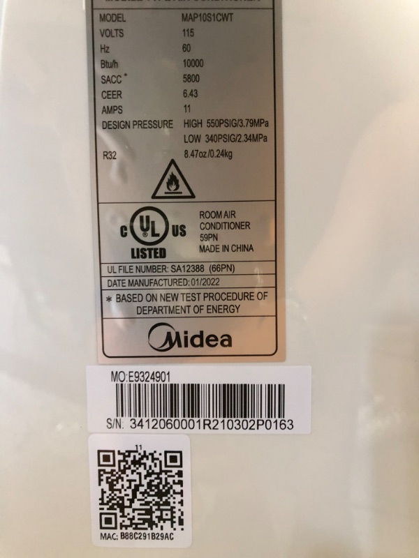 Photo 2 of **PARTS ONLY**

Midea 10,000 BTU ASHRAE (5,800 BTU SACC) Portable Air Conditioner, Cools up to 200 Sq. Ft., Works as Dehumidifier & Fan, Control with Remote, Amazon Alexa & Google Assistant
