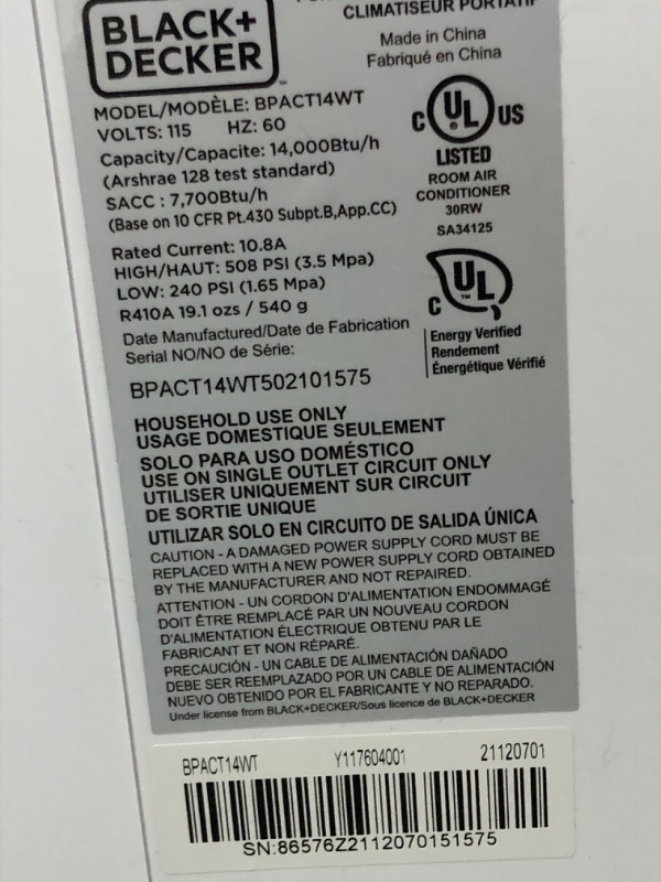 Photo 5 of *** PARTS ONLY*** NON FUNCTIONAL***
BLACK+DECKER 8,000 BTU DOE (14,000 BTU ASHRAE) Portable Air Conditioner with Remote Control, White ** MINOR COSMETIC DAMAGE***