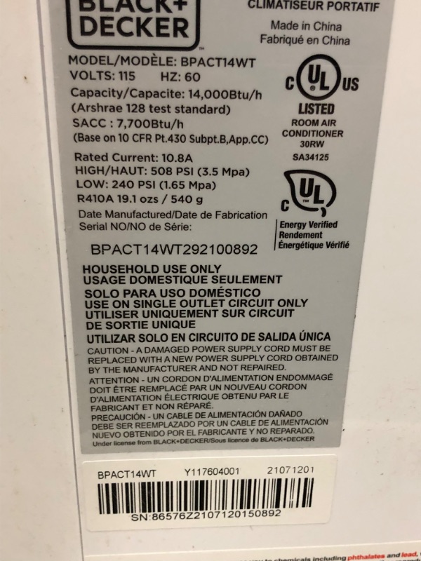 Photo 2 of BLACK+DECKER 8,000 BTU DOE (14,000 BTU ASHRAE) Portable Air Conditioner with Remote Control, White *** MINOR COSMETIC DAMAGE**