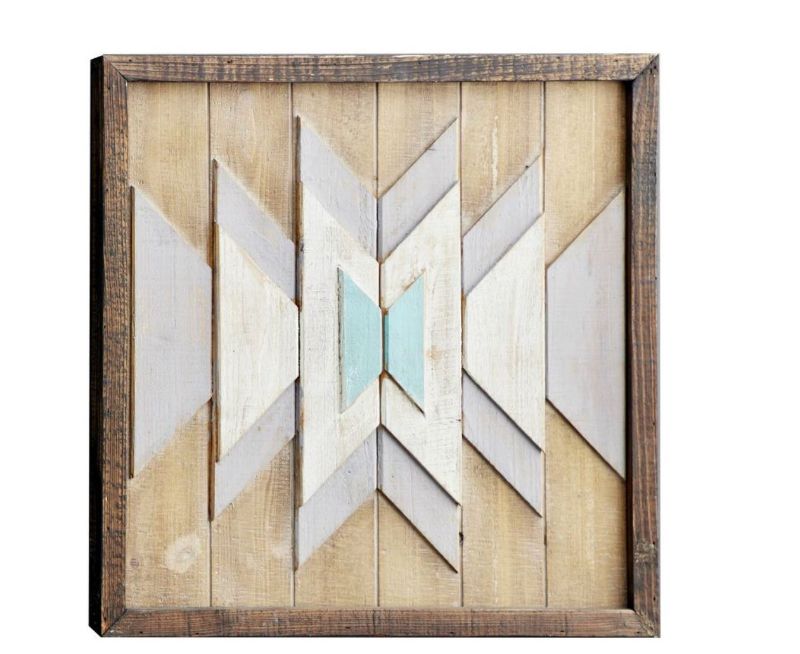 Photo 1 of 30" x 30" Square Chevron Pattern Aqua White and Natural Wood Wall Art - Olivia & May

