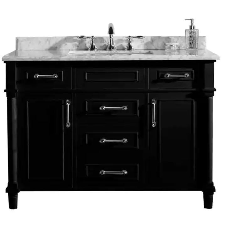 Photo 1 of Home Decorators Collection Aberdeen 48 in. W x 22 in. D Vanity in Black with Carrara Marble Top with White Sink- FAUCET IS NOT INCLUDED 