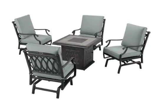 Photo 1 of ***PARTS ONLY**
BOX 1 AND 2*- St. Charles 5-Piece Aluminum Motion Outdoor Fire Conversion Patio Set with Sunbrella Cast Mist Cushions
