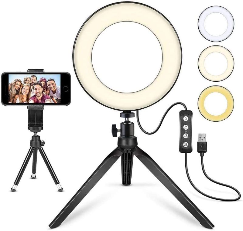 Photo 1 of LED Ring Light 6" with Tripod Stand for YouTube Video and Makeup, Mini LED Camera Light with Cell Phone Holder Desktop LED Lamp with 3 Light Modes & 11 Brightness Level (6")