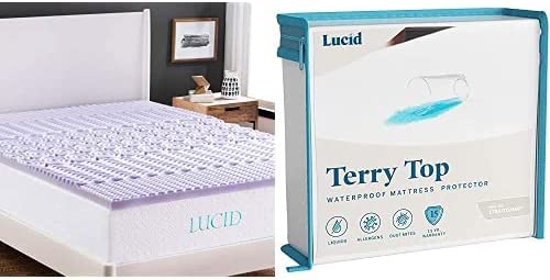 Photo 1 of LUCID 2 Inch 5 Zone Lavender Memory Foam Mattress Topper - Queen & Protector, Queen, White