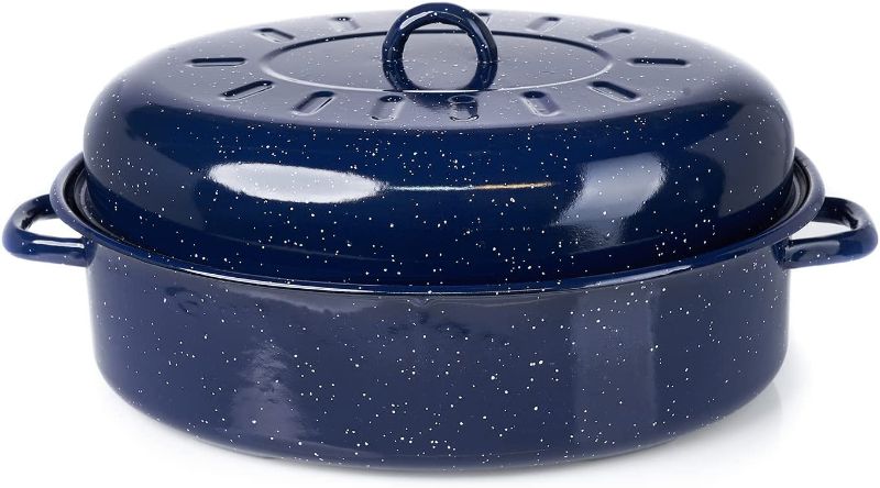 Photo 1 of 18" Traditional Vintage Style Blue Speckled Enamel on Steel Covered Oval Roaster