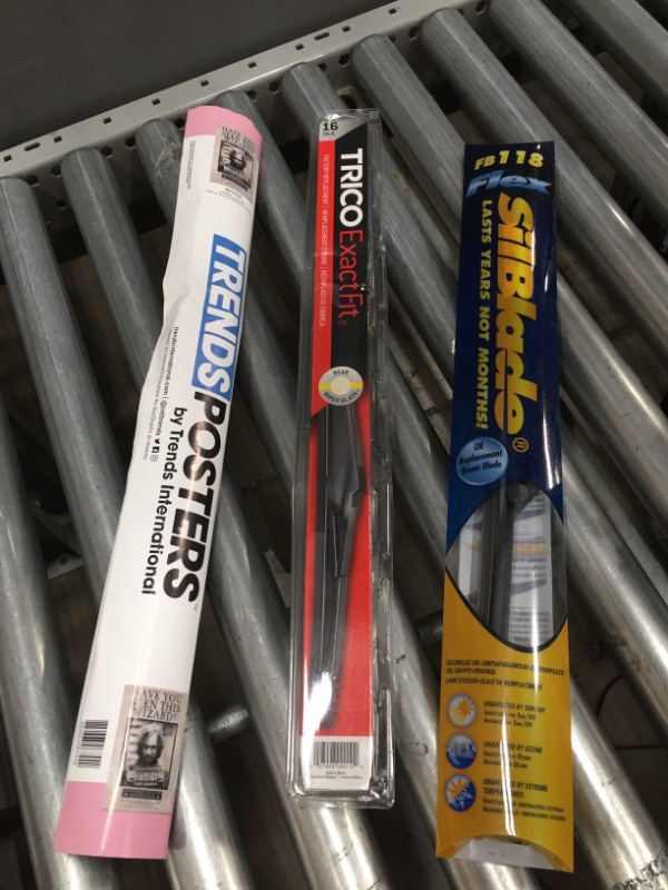 Photo 1 of ***Bundle of car wiper blades and poster***3 items
*Include Trico Exact Fit 16 Inch Pack of 1 Rear Wiper Blade For Car (16-A).
*Silblade FB118 Flex Black Silicone Ultimate Wiper Blade, 18" (Pack of 1)