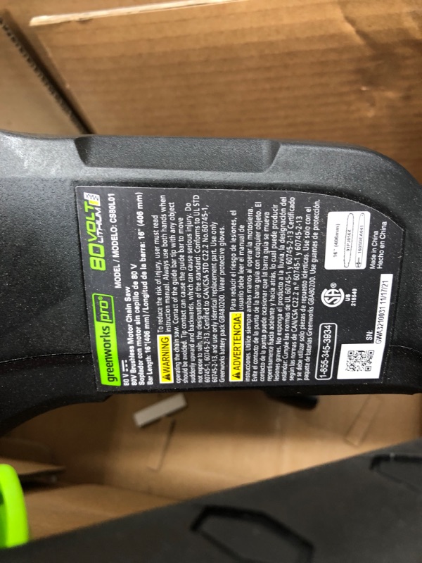 Photo 3 of ***PARTS ONLY*** Greenworks Pro 16" 80V Brushless Chainsaw Battery Not Included CS80L01 (1198647)
