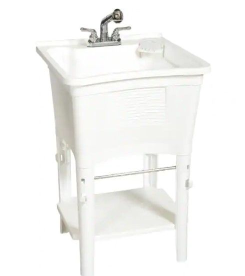 Photo 1 of 
Glacier Bay
All-in-One 24 in. x 24 in. 20 Gal. Freestanding Laundry Tub in White, with Non-Metallic Pull-Out Faucet in Chrome