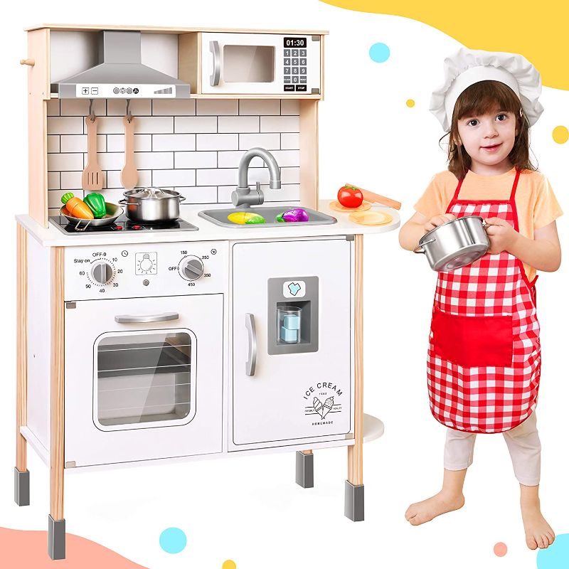 Photo 1 of Play-Kitchen-for-Kids with 18 Pcs Toy Food & Cookware Accessories Playset Wooden Chef Pretend Play Set for Toddlers with Real Lights & Sounds
