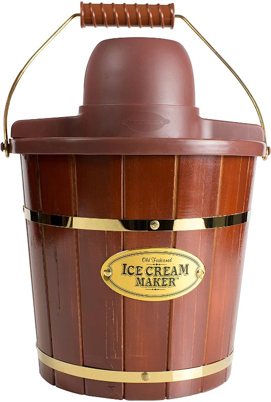 Photo 1 of Old Fashioned Nostalgia Electric Ice Cream Maker with Easy-Carry Handle, Makes 4-Quarts of Ice Cream, Frozen Yogurt or Gelato in Minutes, Made from Real Wood, Brown
