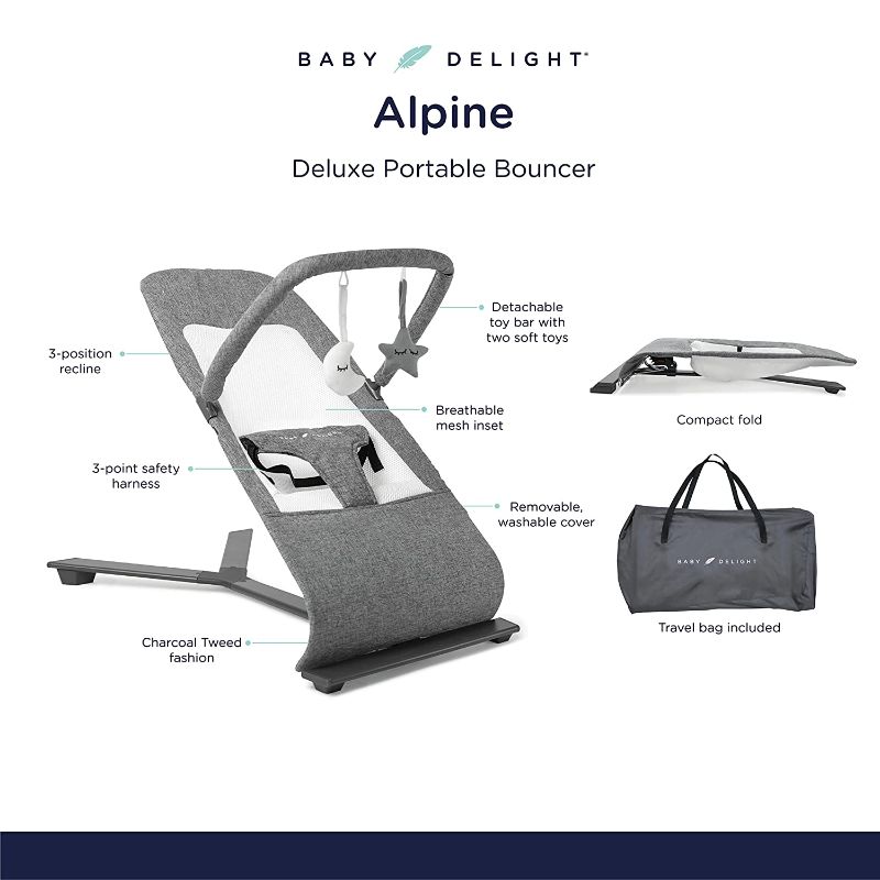 Photo 1 of Baby Delight Alpine Deluxe Portable Bouncer, Charcoal Tweed , 28x18x21 Inch (Pack of 1)
