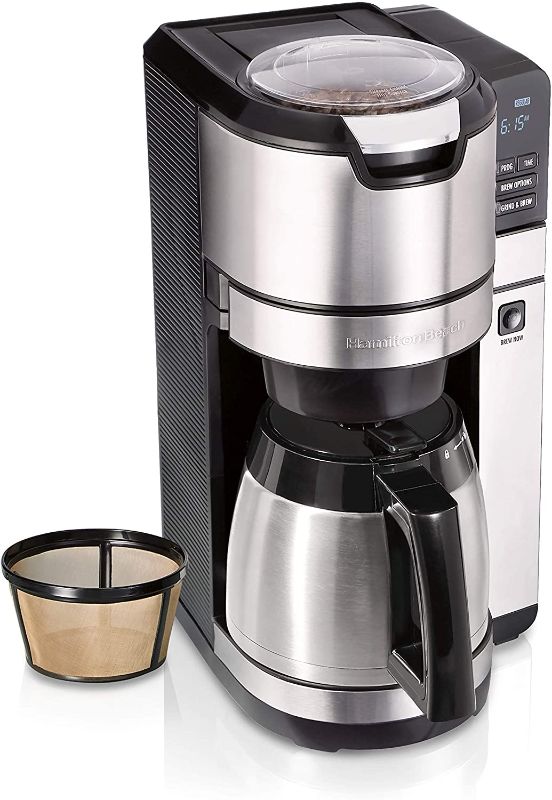 Photo 1 of Hamilton Beach Programmable Coffee Maker with Built-in Auto-Rinsing Beans Grinder and Thermal Carafe, 10 Cups, Stainless Steel (45501)
