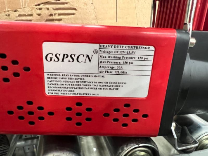 Photo 2 of **PARTS ONLY**

GSPSCN Portable 12V Air Compressor Pump, 150PSI Red Tire Inflator, Heavy Duty Auto Air Pump,for Car, Truck, RV, ATV, Bike,Balls,Lawn Mower and Other Inflatables
