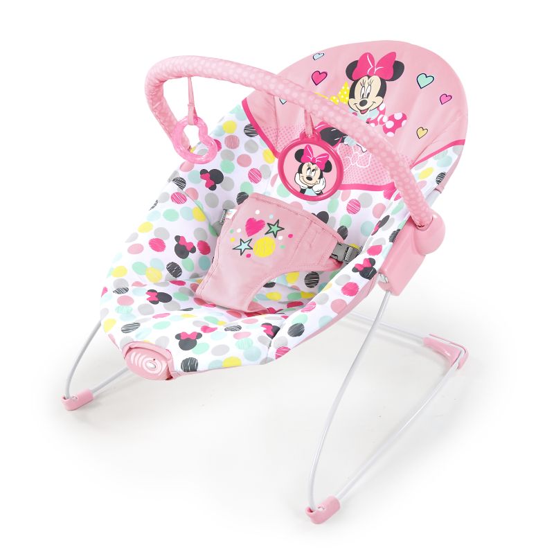 Photo 1 of Bright Starts Disney Baby Minnie Mouse Vibrating Baby Bouncer with Toy Bar- Spotty Dotty Newborn +
