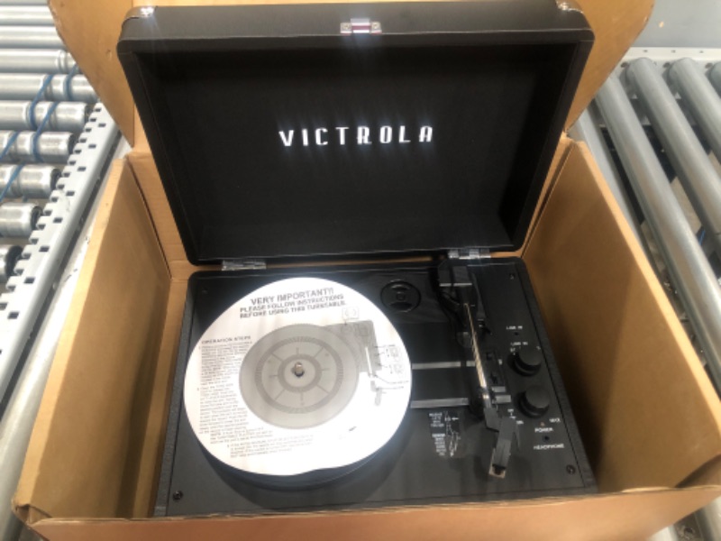 Photo 2 of Victrola Vintage 3-Speed Bluetooth Portable Suitcase Record Player with Built-in Speakers | Upgraded Turntable Audio Sound| Includes Extra Stylus | Black, 
**Missing Power Cord**
