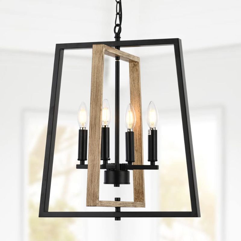 Photo 1 of Ankita 18.7" 4-Light Rustic Farmhouse Foyer Chandelier, Lantern Pendant Light. Smoked Birch Wood Style with Black Finish for Dining Room, Kitchen Island, Foyer or Stairway