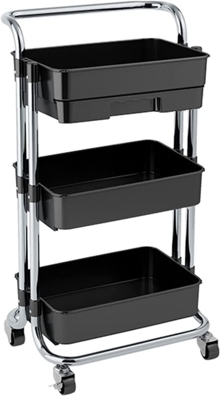 Photo 1 of 3 Tier Utility Rolling Cart, Trolley with Handle and Drawer, Storage Cart with Lockable Wheels for Kitchen, Office, Bedroom, Living Room, Classroom (Black)