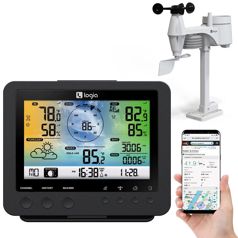 Photo 1 of Logia 5-in-1 Wi-Fi Weather Station | Indoor/Outdoor Remote Monitoring System Shows Temperature, Humidity, Wind Speed/Direction, Rain & More | Wireless LED Color Console w/Forecast Data, Alarm, Alerts
