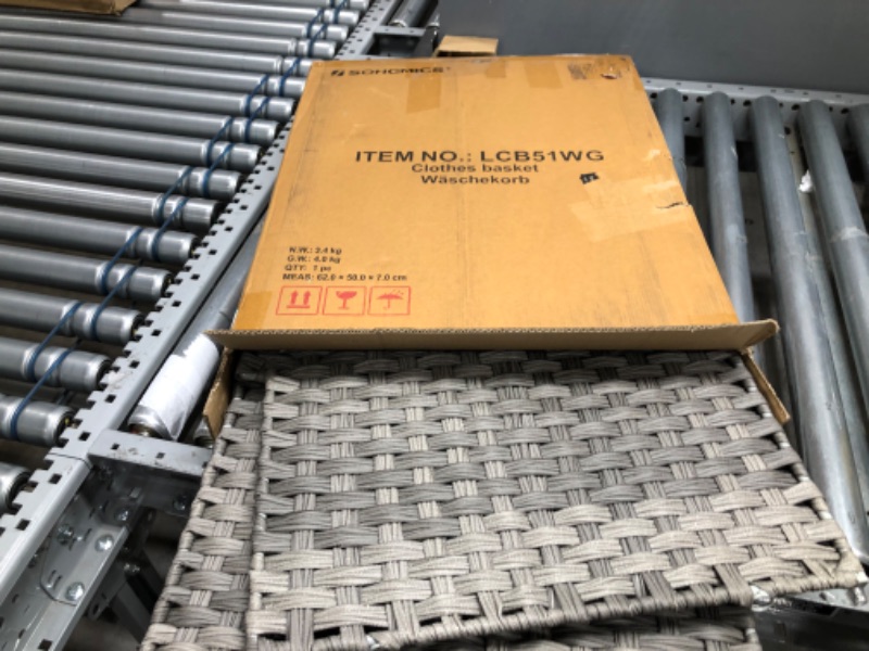 Photo 4 of SONGMICS Handwoven Laundry Hamper, 23.8 Gal (90L) Synthetic Rattan Clothes Laundry Basket with Lid and Handles, Foldable, Removable Liner Bag, Gray ULCB51WG