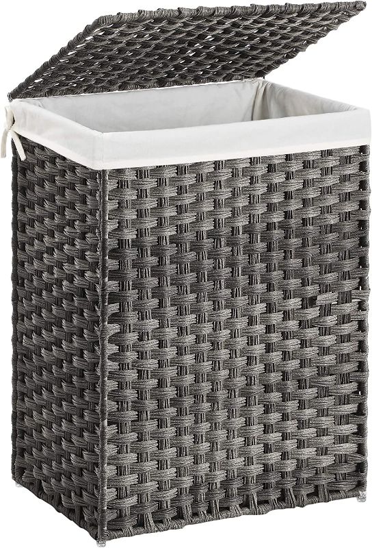 Photo 1 of SONGMICS Handwoven Laundry Hamper, 23.8 Gal (90L) Synthetic Rattan Clothes Laundry Basket with Lid and Handles, Foldable, Removable Liner Bag, Gray ULCB51WG
