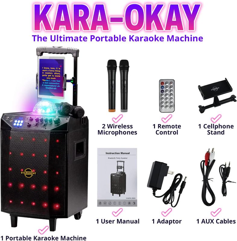 Photo 1 of Starument Portable Karaoke Machine for Adults & Kids Complete Karaoke System Includes Bluetooth Speakers on Wheels, 2 Bluetooth Microphones, Disco Ball, LED Speaker Light, Cell Phone Stand & USB Aux