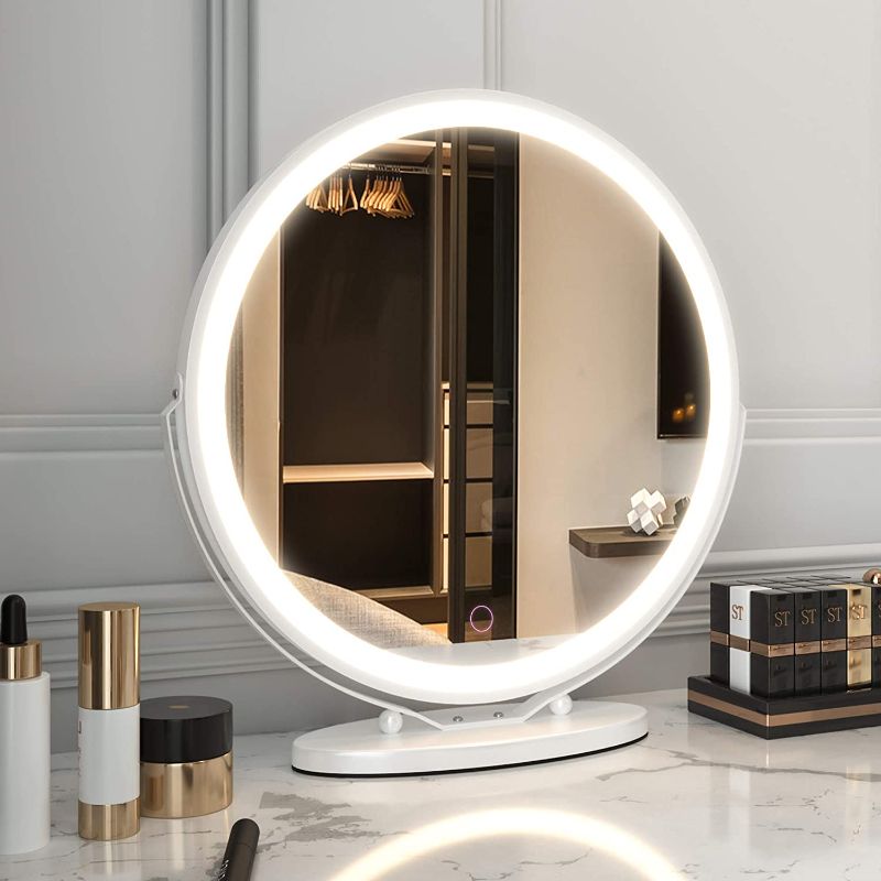 Photo 1 of LVSOMT 20" Large Makeup Vanity Mirror with Lights, Led Lighted Dressing Circle Mirror, High Definition Round Tabletop / Desk Mirror with 3 Color Dimmable Lighting Modes & Touch Screen (White)