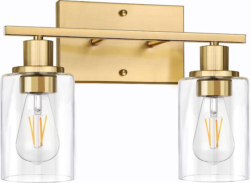 Photo 1 of 2-Light Gold Bathroom Vanity Light Fixtures, Modern Wall Lighting with Clear Glass Shade, Brushed Brass Wall Sconce Lighting, Porch Wall Lamp for Mirror, Living Room, Bedroom, Hallway, E26 Base
