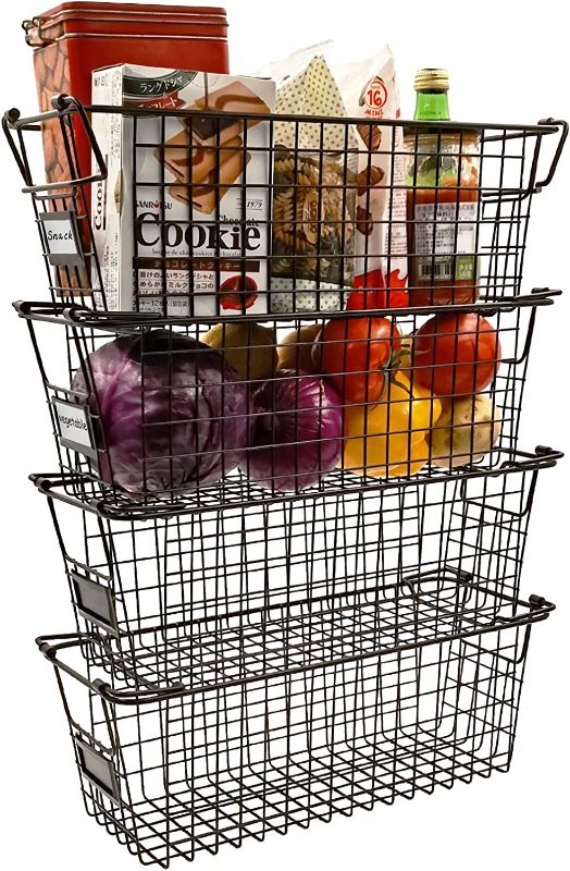 Photo 1 of 4 Packs Stackable Wire Baskets for Pantry Storage and Kitchen Organization, Metal Organizer Bins with Handle and Label Holder -16'' Black