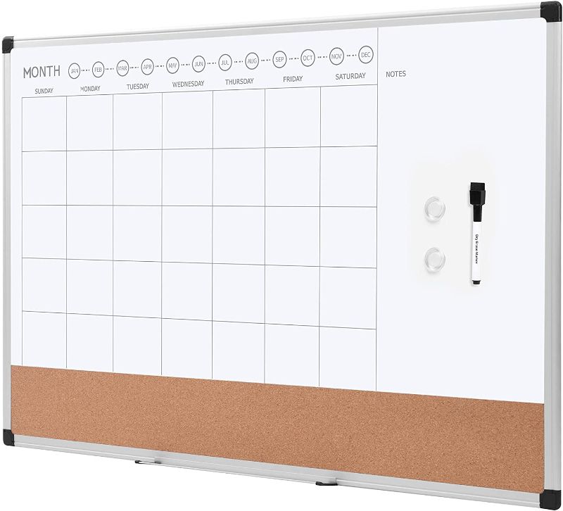 Photo 1 of  Monthly Calendar Whiteboard Dry Erase and Cork Board, Silver Aluminium Frame, 24 x 36 Inches
