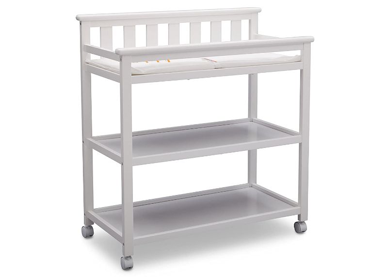 Photo 1 of Delta Children Flat Top Changing Table with Wheels and Changing Pad - Greenguard Gold Certified, Bianca White
