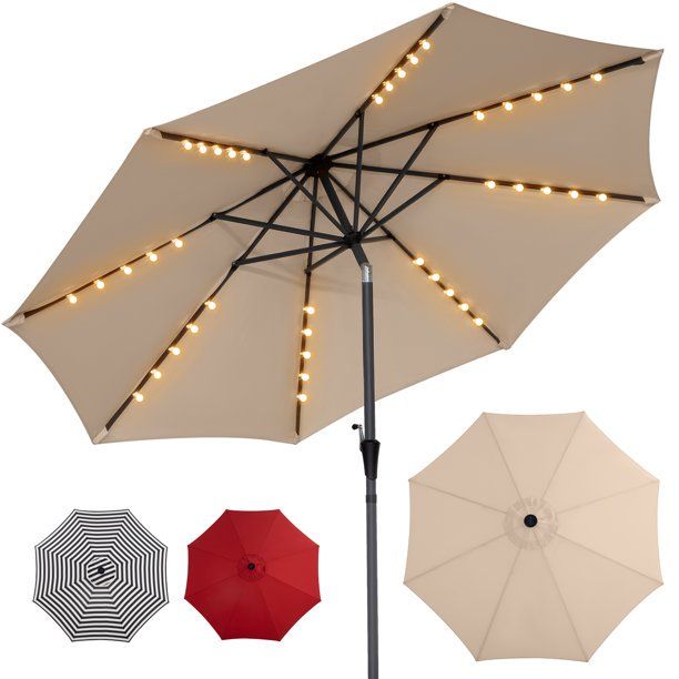 Photo 1 of 10Ft Patio Umbrella with LED Solar Lights, Market Umbrella Push Button Tilt for Pool, Backyard(Champagne