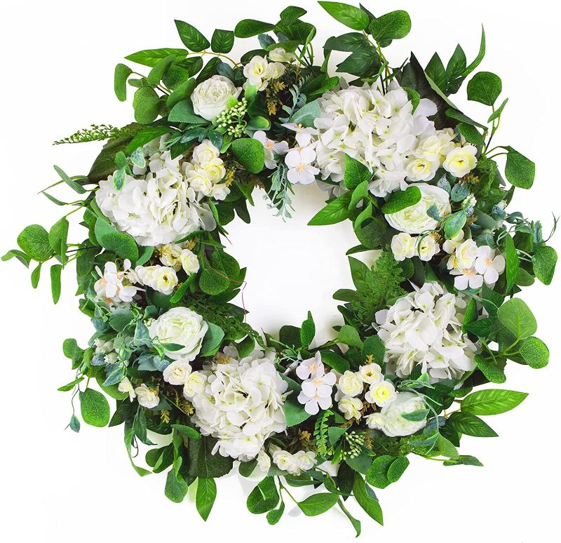 Photo 1 of 24 Inch Spring Summer Flower Wreath for Front Door, Summer Floral Door Wreath, Spring Summer Wreath, White Hydrangea Wreath,Eucalyptus Green Farmhouse Summer Door Wreath for All Season Outside
