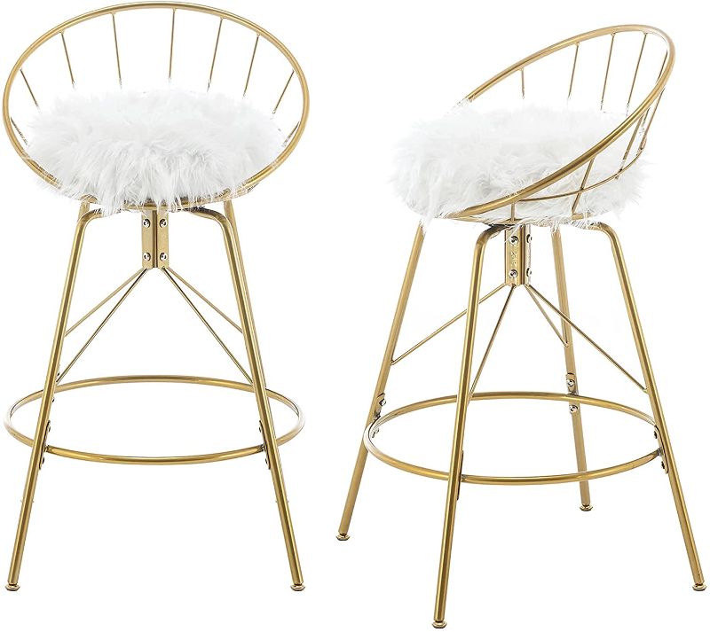 Photo 1 of Awonde Swivel Bar Stools with Backs Gold Metal Counter Bar Chairs Set of 2 (24", White Fur Upholstered Seat)
