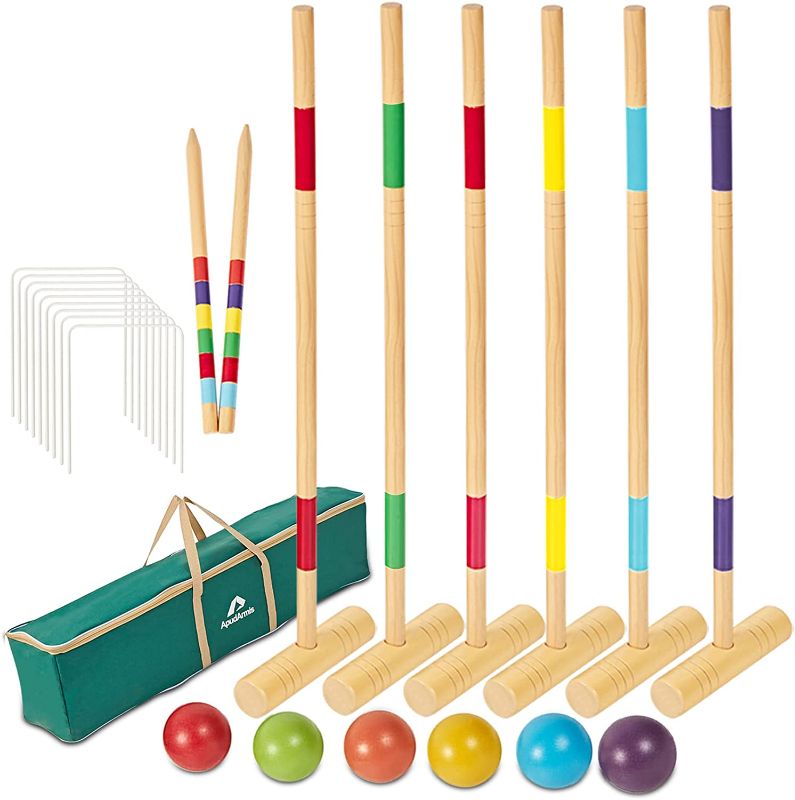 Photo 1 of ApudArmis 35In Six Players Croquet Set with Deluxe Premiun Pine Wooden Mallets,Colored Ball,Wickets,Stakes - Lawn Backyard Game Set for Adults/Teens/Family (Large Carry Bag Including)
