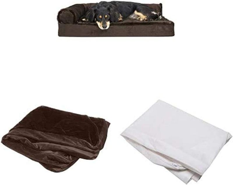 Photo 1 of Furhaven Pet Bundle - Medium Sable Brown Deluxe Orthopedic Plush Faux Fur & Velvet L Shaped Chaise, Extra Dog Bed Cover, & Water-Resistant Mattress