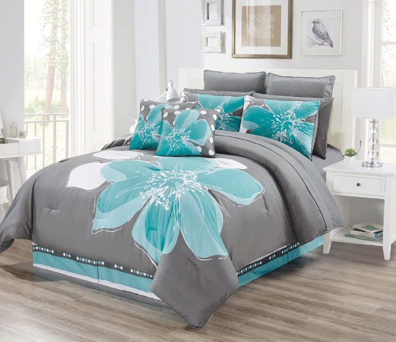 Photo 1 of 8 - Piece Aqua Blue, Grey, White Floral Bed-in-a-Bag King Size Bedding + Sheets + Accent Pillows Comforter Set
