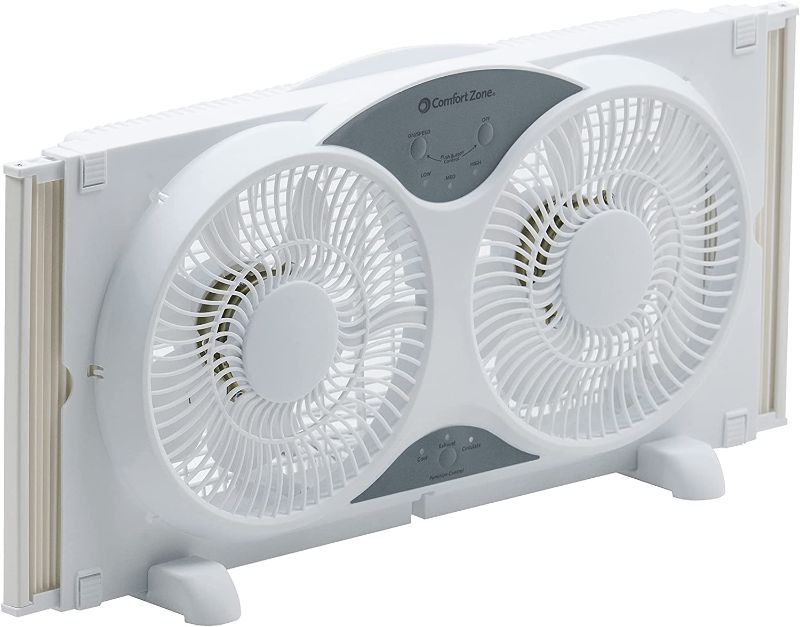 Photo 1 of Comfort Zone CZ310R 3-Speed 3-Function Expandable Reversible Twin Window Fan with Remote Control, Removable Cover & WB Marvin Frost King AWS1037 Adjustable Window Screen, 10in High x Fits 21-37in Wide
