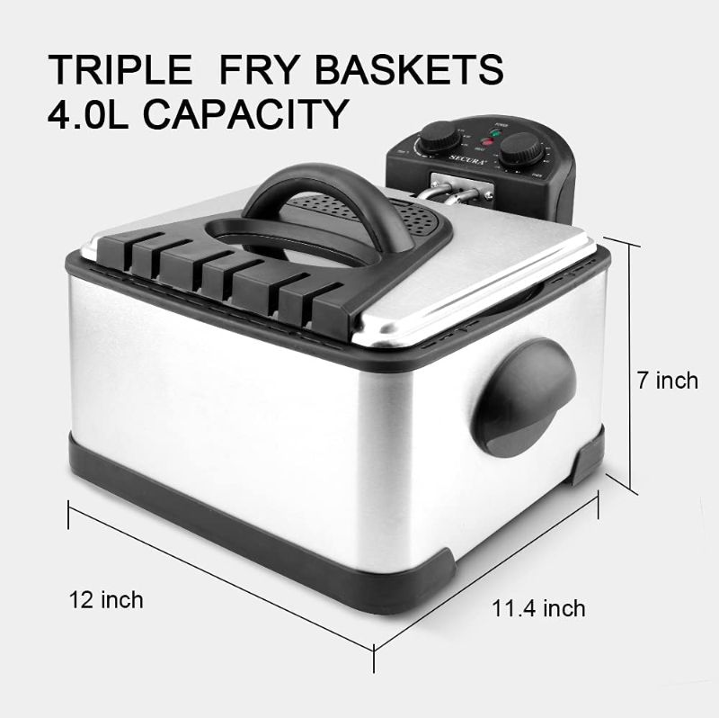 Photo 1 of Secura 1700-Watt Stainless-Steel Triple Basket Electric Deep Fryer with Timer Free Extra Odor Filter, 4L/17-Cup
