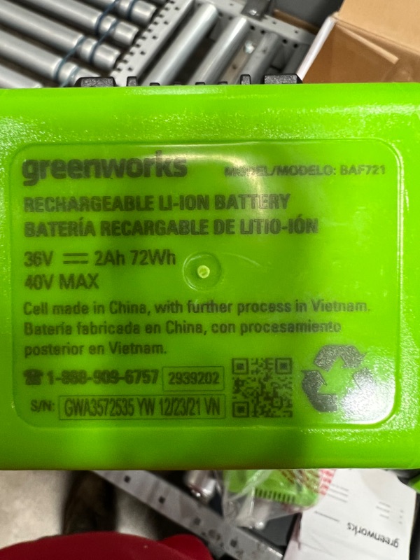 Photo 2 of Greenworks 40V Electric Leaf Blower, 430 CFM / 115 MPH, 2.0Ah Battery and Charger Included BA40L210 & 40V 2.0 AH Lithium Ion Battery 29462
