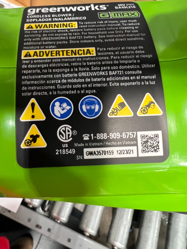 Photo 4 of Greenworks 40V Electric Leaf Blower, 430 CFM / 115 MPH, 2.0Ah Battery and Charger Included BA40L210 & 40V 2.0 AH Lithium Ion Battery 29462
