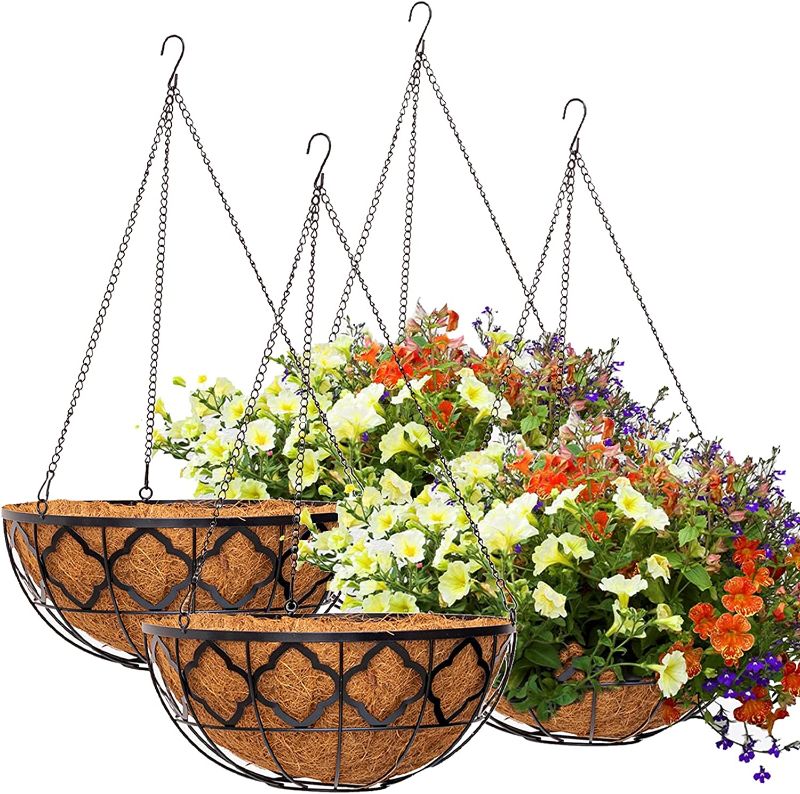 Photo 1 of 4pcs 12 Inch Hanging Planter Basket with Coco Liner and Chain, 12" Metal Round Wire Plant Holder for Porch Decoration Planter Pot Hanger Watering Hanging Baskets Decor for Indoor Outdoor Garden Lawn
