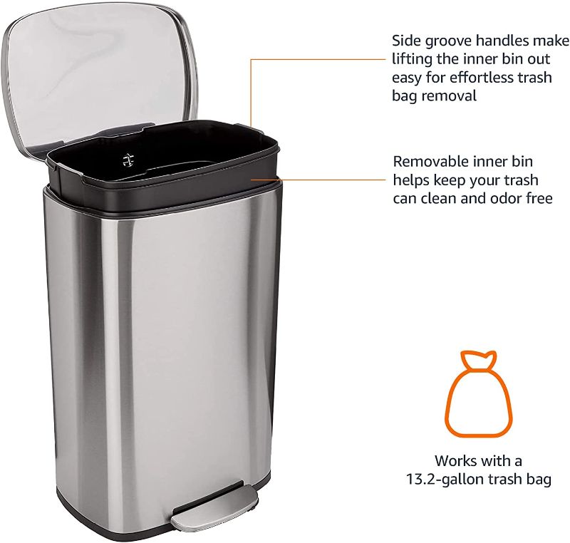 Photo 1 of Amazon Basics 50 Liter / 13.2 Gallon Soft-Close, Smudge Resistant Trash Can with Foot Pedal - Brushed Stainless Steel, Satin Nickel Finish