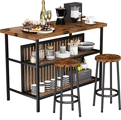 Photo 1 of DKLGG 3 Piece Dinging Table Set, Rustic Wood Dining Room Table Set with 2 Tier Storage Shelves, Bar Table Set with Bar Stools, Sturdy Kitchen Table with Storage for Restaurant, Living Room
