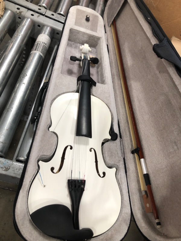 Photo 2 of 4/4 Full Size Violin, Handmade Basswood Acoustic Violin, Musical Instruments for Adults, Satin Acoustic Starter Kit w/ Violin Case, Violin Bow, Violin Rosin for Beginner Student, White, Q3323
