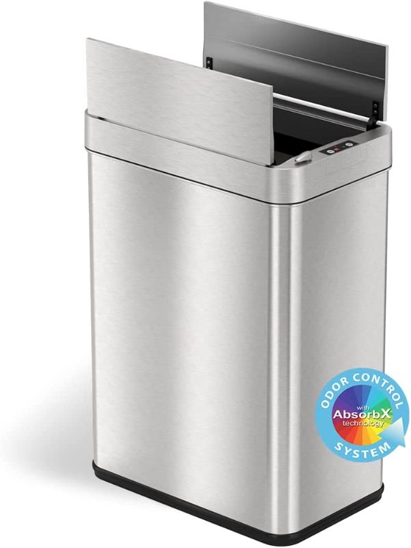 Photo 1 of iTouchless 13 Gallon Wings-Open Sensor Trash Can with AbsorbX Odor Filter and Pet-Proof Lid, Stainless Steel, Automatic Touchless Garbage Prevents Dogs & Cats Getting in kitchen-waste-bins
