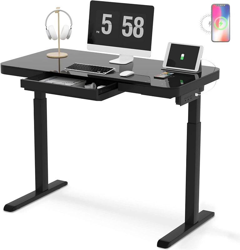 Photo 1 of HAIAOJIA Glass Electric Standing Desk with Drawer - 45 x 23 Inch Tempered Glass Dual Motor Height Adjustable Sit Stand Desk Computer Workstation with USB/Wireless Charging/Power Strip (Black)
