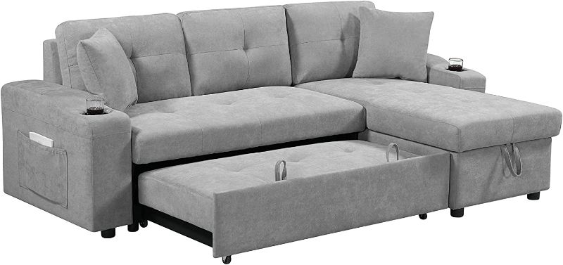 Photo 1 of *INCOMPLETE BOX 2 OF 3* MAFOROB Modern Velvet Sectional Convertible with 2 Cupholders and Two Side Pockets,Reversible Pull Out Couch Storage Chaise Lounge for Living Room Apartment, 92 inch, Light Gray
