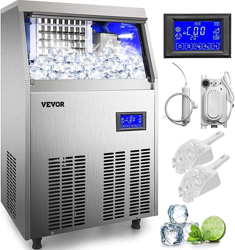 Photo 1 of VEVOR 110V Commercial ice Maker 90-100LBS/24H with 33LBS Bin and Electric Water Drain Pump, Clear Cube, Stainless Steel Construction, Auto Operation, Include Water Filter 2 Scoops and Connection Hose
